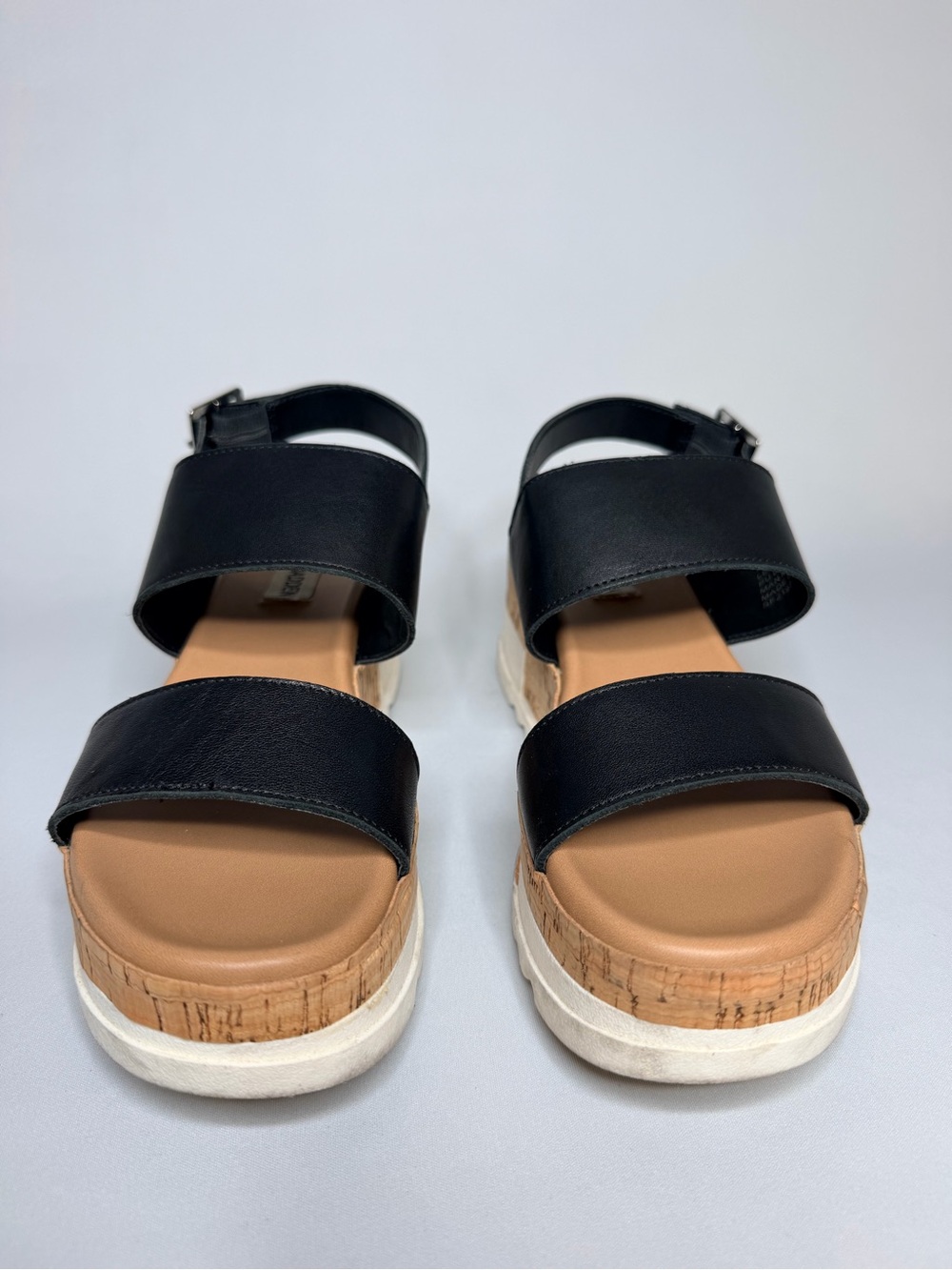 Steve Madden Black Leather Cork-Platform Double Strap Sandals